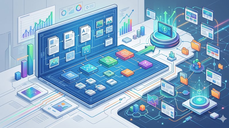 Современная иллюстрация архитектуры контента для сети PBN-сайтов в чистом профессиональном редакционном стиле